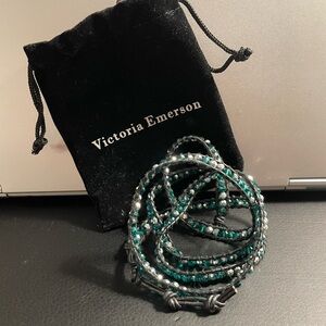 Victoria Emerson Emerald and Silver Beaded Bracelet Leather Clasp Wrap Bracelet